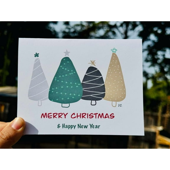 Christmas Card with Colorful Trees – "Merry Christmas & Happy New Year" – Blank Inside for Personal Messages – Perfect Holiday Greeting Card