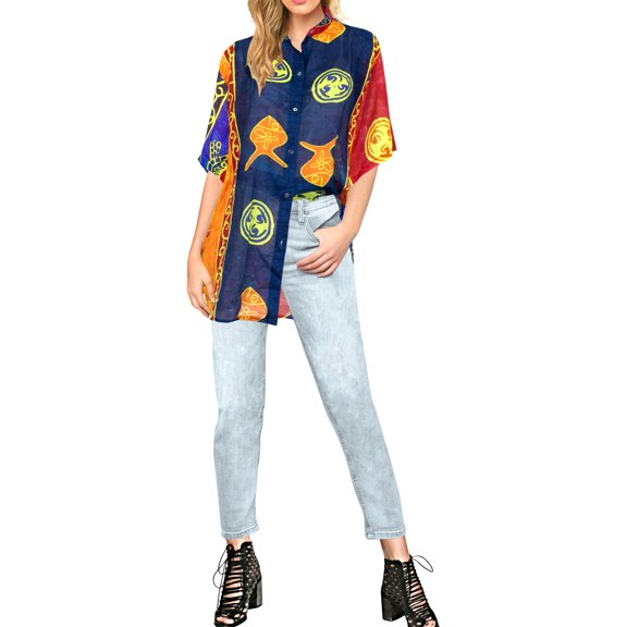 HAPPY BAY Women's Casual Beach Hawaiian Blouse Shirt Summer Short Sleeve Button Down Dress Tops Tee Shirts Blouses for Women XL Marine Animals, Blue