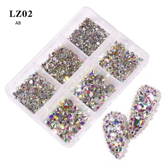 UDIYO 6 Grids/Box Nail Rhinestone Flat Back Multifunctional Various Shapes Mixed Size AB Nail Art Glitter Decorations for Manicure
