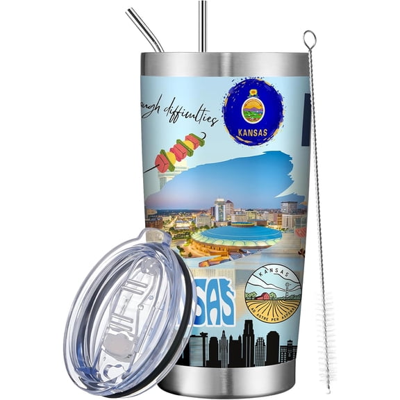 20oz Insulated Tumbler Kansas State Coffee Mug, United States Map Travel Mug Landmark, Birthday Gifts Cute Custom Tumbler Cups with Lid and Straw Mothers Day Gifts