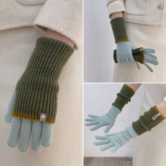 1 Pair Women Winter Gloves Thickened Colorblock Knitted Five Fingers Unisex Anti slip Cold Weather Driving Golfing Skiing Skating Gloves