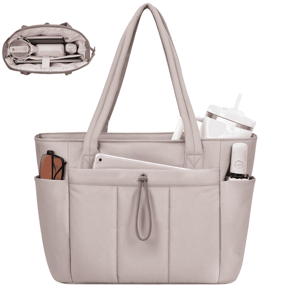 Narwey Large Puffer Work Tote Bag for Women, 20L Lightweight & Spacious Shoulder Handbag with Cup Holder, 15.6" Laptop Compartment & Trolley Sleeve for Travel, Nurse,Light Khaki