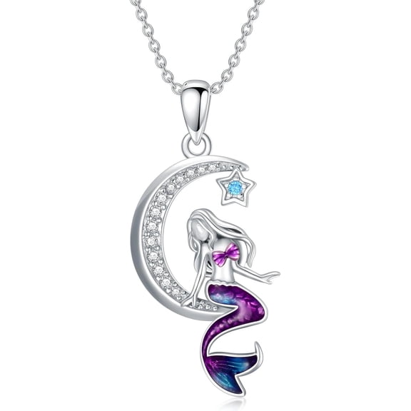 Mermaid Necklace 925 Sterling Silver Mermaid Crescent Moon Pendant Necklaces Ocean Jewelry Gifts for Women
