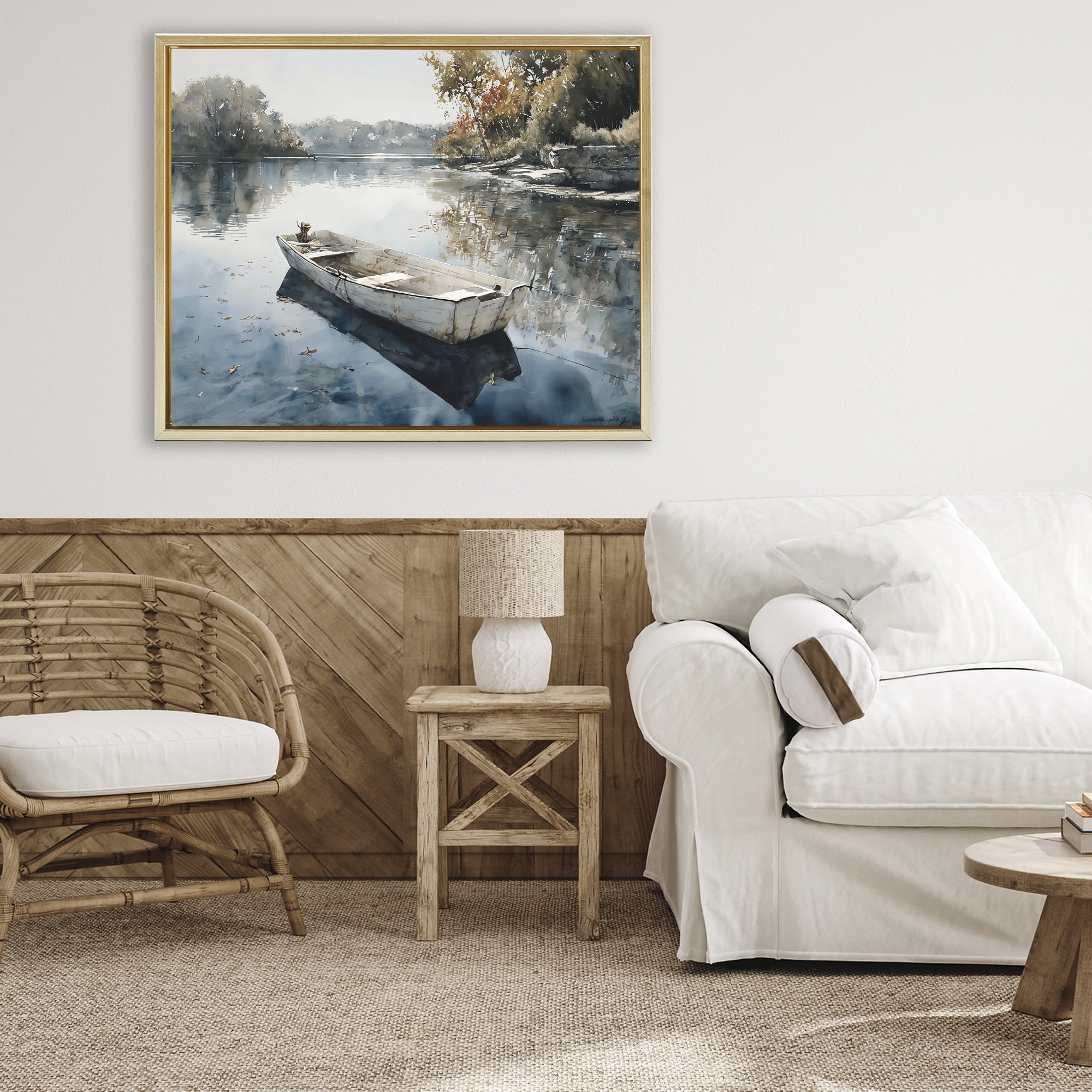 Stupell Industries Boat Ride Through Autumn Reflections Gold Framed Floater Canvas Wall Art, design by Franklyn Gregory