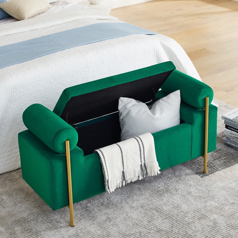 44" Upholstered Storage Bench with Arms and Hidden Storage, Bouclé Fabric Ottoman Bench with Gold Metal Legs, Modern Entryway Bedroom Bench,Green
