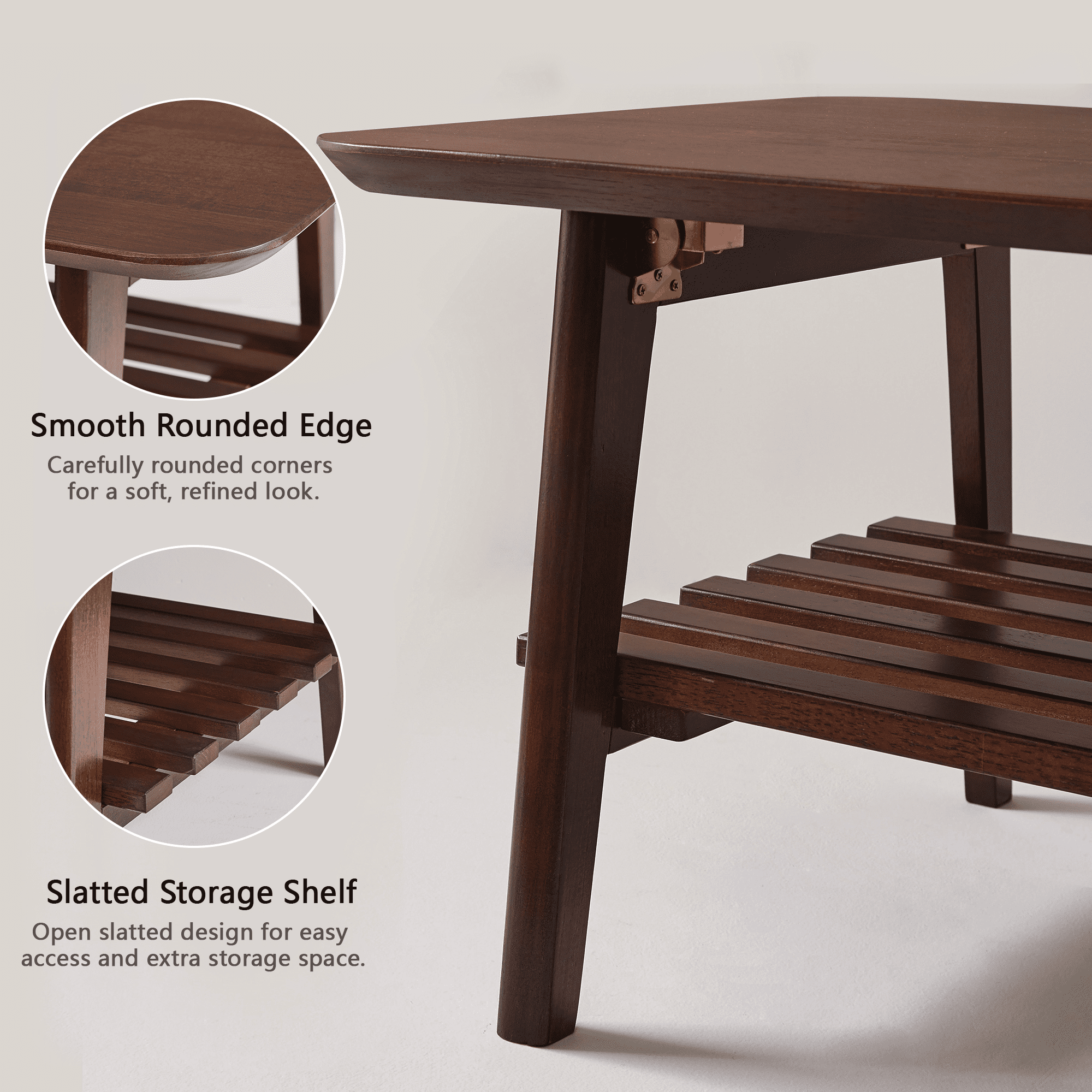 47.2x23.6-Inch Wooden Coffee Table with Storage Shelf, Mid-Century Rectangular Center Table and Side Table for Living Room, Walnut Brown