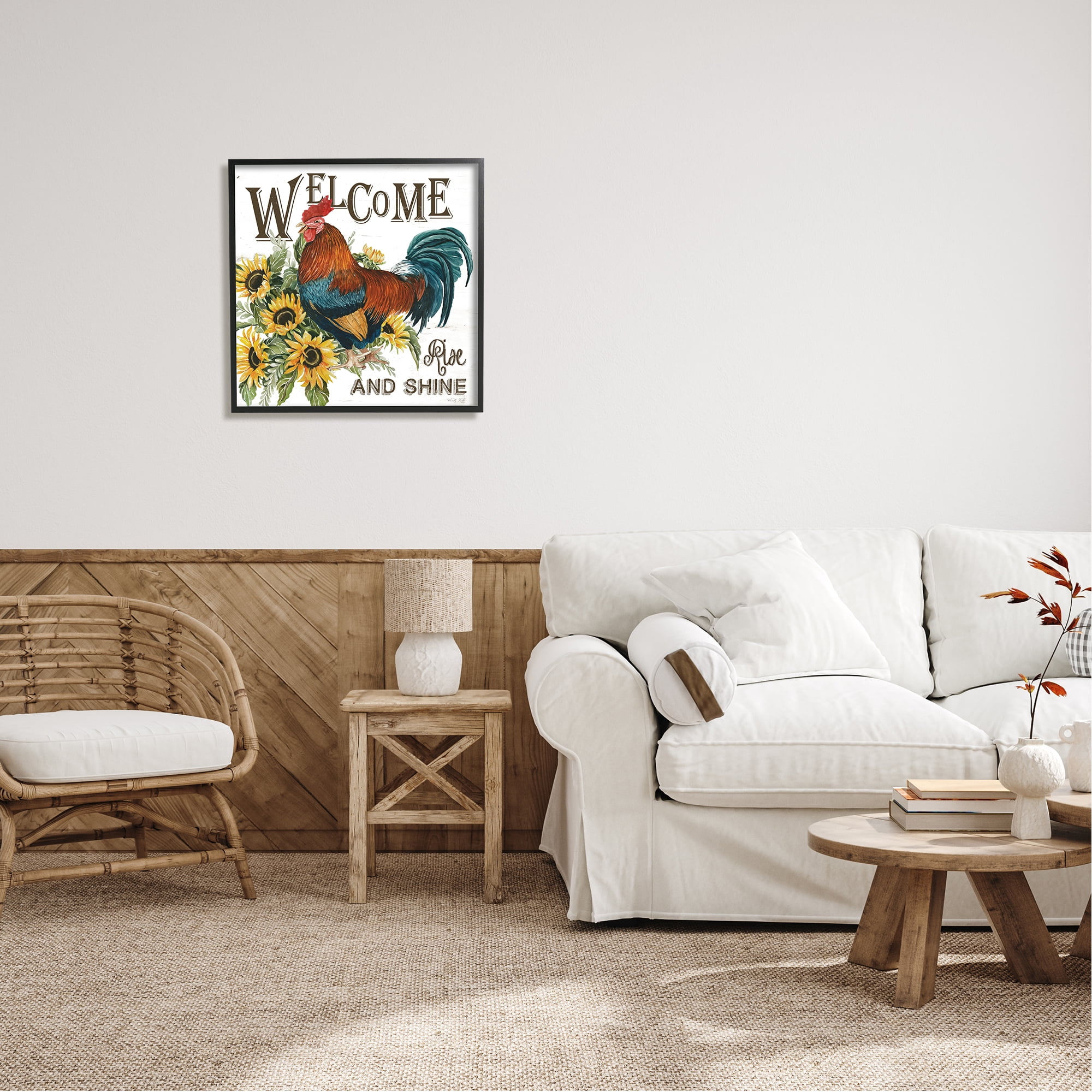 Stupell Industries Rise & Shine Rooster Botanical & Floral Painting Black Framed Art Print Wall Art, 24 x 24