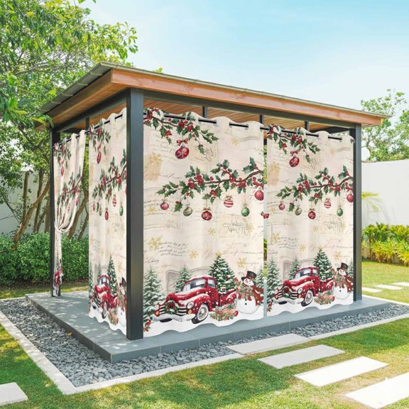 Outdoor Curtains for Patio Waterproof, Christmas Outdoor Privacy Panels Grommet, Xmas Snowman Truck Snowflake Tree Balls Vintage Blackout Outside Curtains for Porch/Cabana 54"x84", 2 Panels