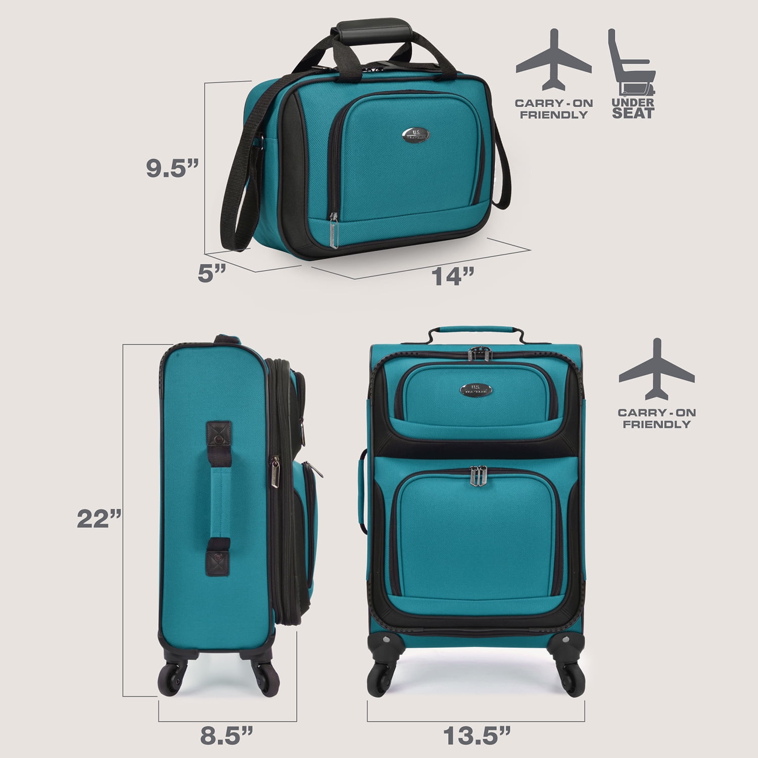 U.S. Traveler Rio Rugged Fabric Expandable Carry-on Spinner Luggage Set w/ Tote, Teal, 2 Piece (21/14)