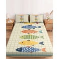 thumbnail image 2 of King Size Fitted Sheet Set - Coastal Nautical 3 Piece Bedding Sets 16" Deep Pocket Fitted Sheet with 2 Pillowcases, Summer Cute Cartoon Fishes Plaid Green Brushed Microfiber Hotel Luxury Bed Sheets, 2 of 9