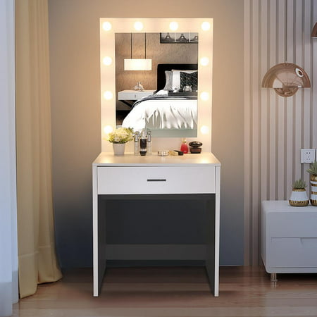 Ktaxon Vanity Set with Lighted Mirror,Wood Makeup Vanity Dressing Table with Large Drawer for Bedroom,White (10 Warm LED