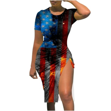 

YanHoo Women s Sexy Dresses Independence Flag Print Slit Short Sleeve Dress Wrap Bodycon Dress