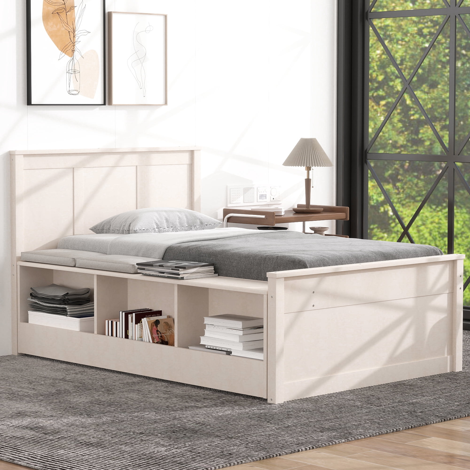 Mintazer Twin Platform Bed with Pull-Out Trundle, Modern Bookcase Bed with Storage Cabinet, No Box Spring Needed, White