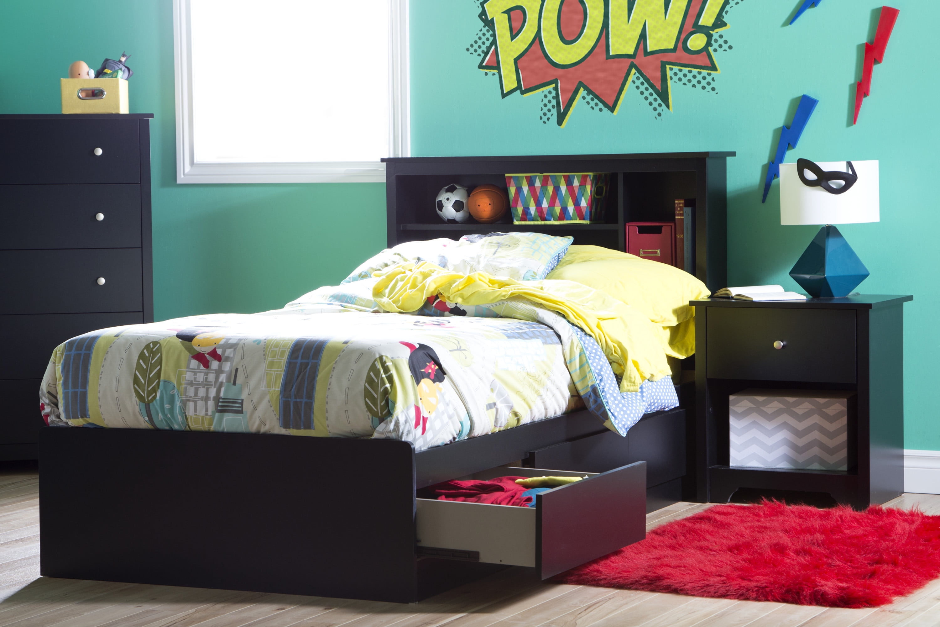 South Shore Vito, Kids Contemporary Twin Mates Bed With Bookcase Headboard Set, Pure Black