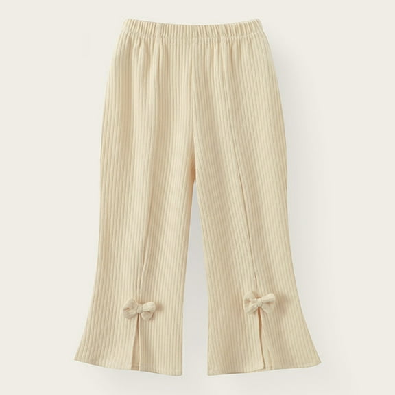 HUAXUN-Toddler Girls Ribbed Knit Flare Pants with Bow Detail - Stretchy Soft Casual Trousers for Baby Comfortable Playwear Everyday Outfits(Beige,3-4Years)