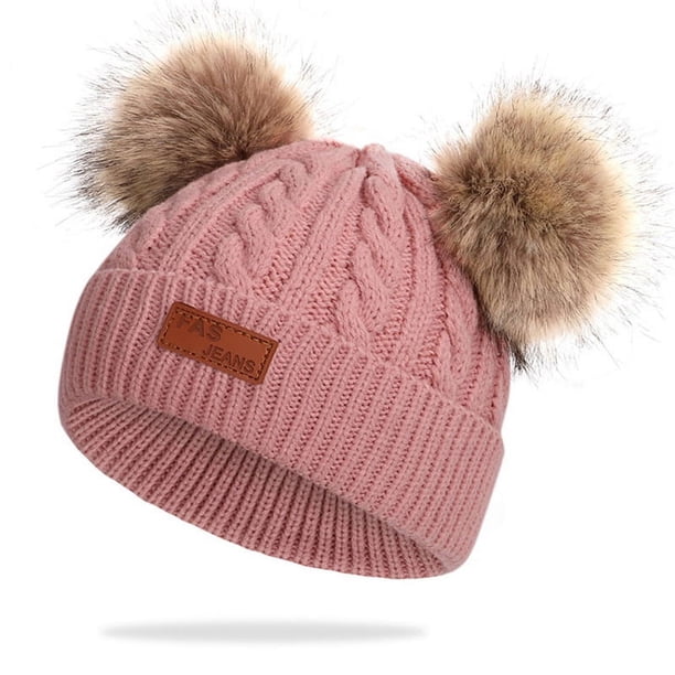 Gorro de punto con pompón doble de color para invierno para niños pequeños