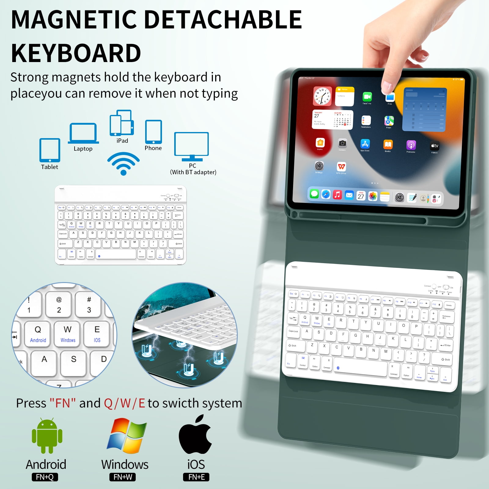 Aoub Keyboard Case for iPad (A16) 11th 10th Generation 2025 2022 with Pencil Holder, Detachable Wireless Bluetooth Rechargeable Keyboard Cover, Dark Green