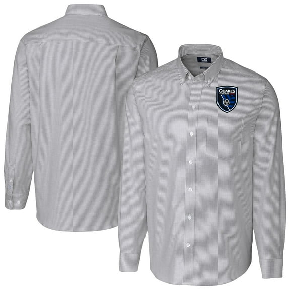 Men's-Cutter & Buck  Charcoal San Jose Earthquakes Stretch Oxford Stripe Tri-Blend Long Sleeve Button-Down Shirt