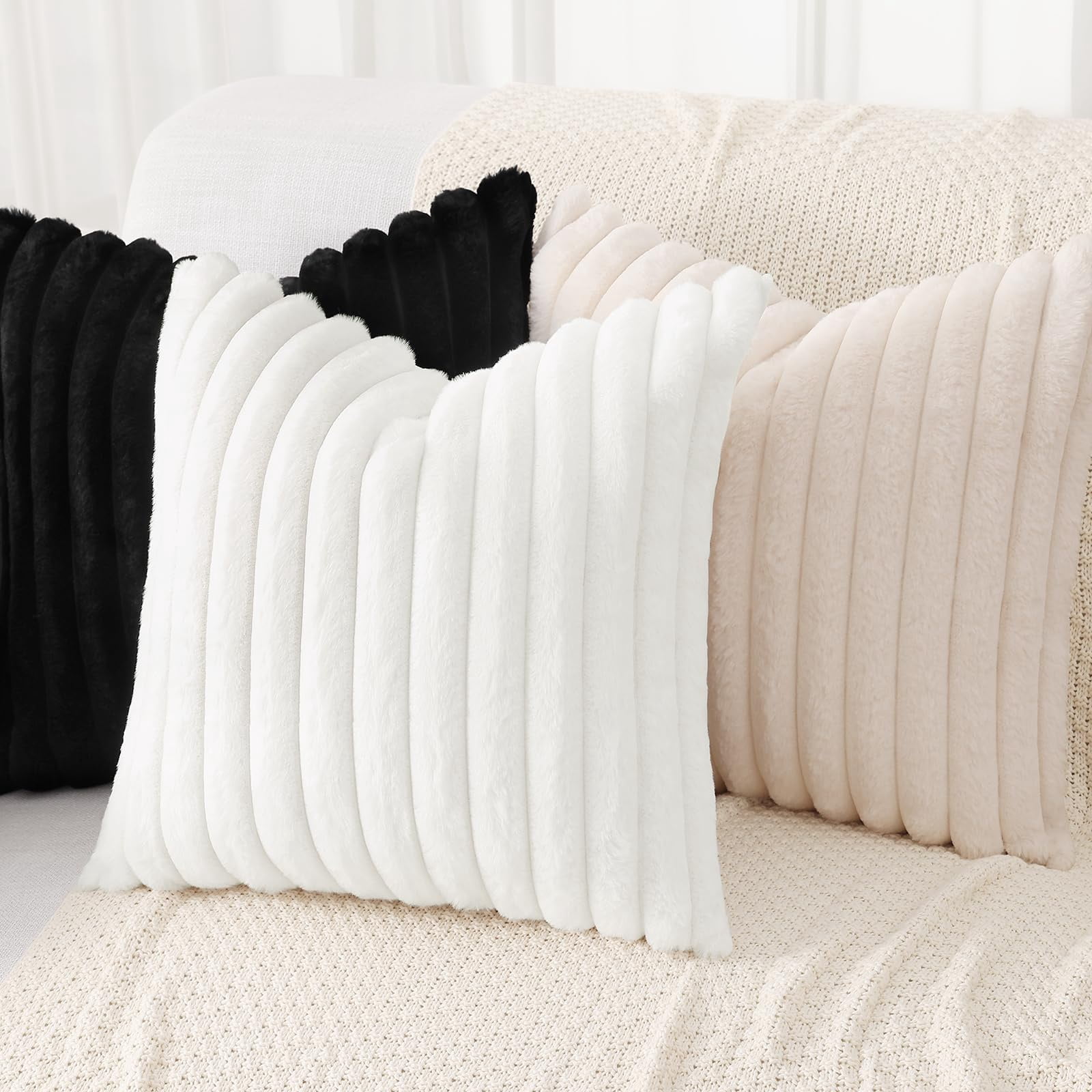 decorUhome Pack of 2 Faux Fur Plush Throw Pillow Covers 22x22, Soft Fluffy Striped Decorative Couch Pillow Covers , Black