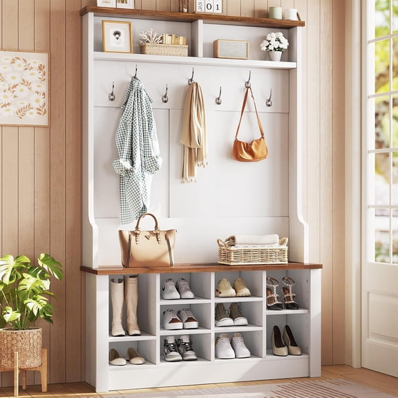 39.4 Inch Hall Tree with Bench and Shoe Storage, 3-in-1 Entryway Bench with Coat Rack, Hall Tree with Adjustable Shoe Storage and Hanging Hooks, White   Brown