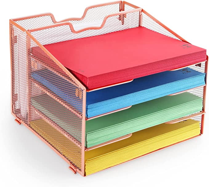 File Paper Letter Tray Desk Organizer, Metal Desktop Document Holder Sorter Organizer with 4
