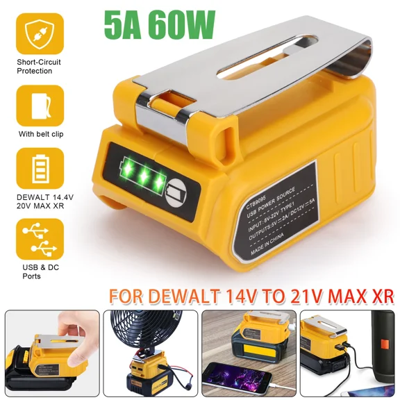 Dual USB Battery Charger Adapter Power Source Converter for Dewalt 14-21V Max