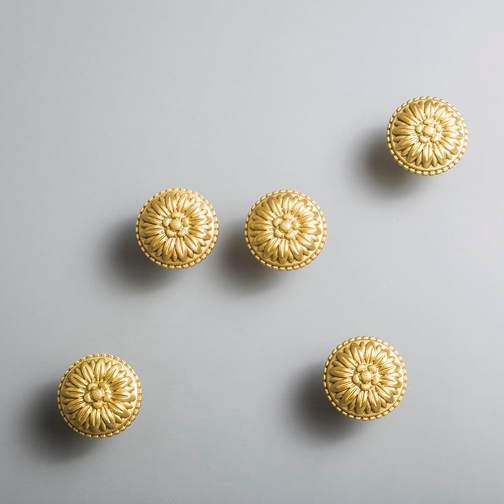 ABCISI Brass Cabinet Round Flower Knobs, 4 Pack Gold Euro Style Cabinet Knob Dresser Drawer Modern Dresser Drawer Knobs, Vintage Decorative Brass Cabinet Knobs