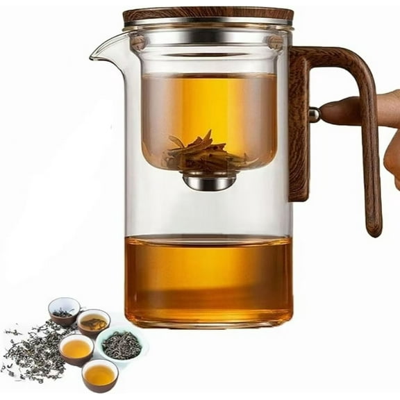 Muecwrye Tea Pot, Kettle Pot, Magic Tea Pot, Water Separation Glass Pot with Wooden Handle, Push Control Magic Teapots, Tea Sets for Adults, Kettle Pot for Loose Tea, Party Gifts, Stove Decor, 17oz