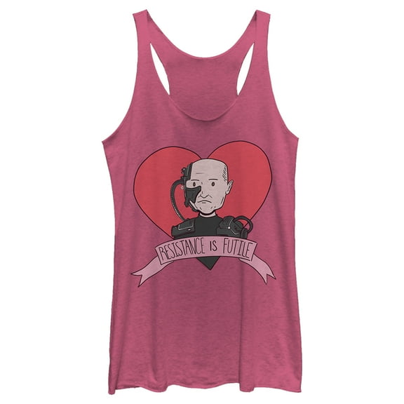 Women's Star Trek: The Next Generation Valentine's Cartoon Borg Picard Heart Resistance Is Futile  Racerback Tank Top Pink Heather Medium