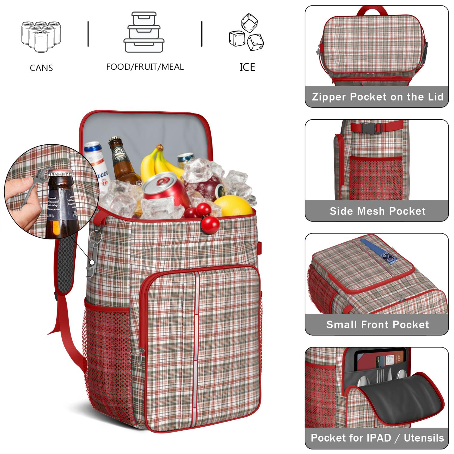 Travel Cooler Bag - Red and Green Plaid Christmas Pattern Camping Beer Cooler Backpack with Bottle Opener- Waterproof Insulated Picnic Backpacks - Cooler Bag for Beach