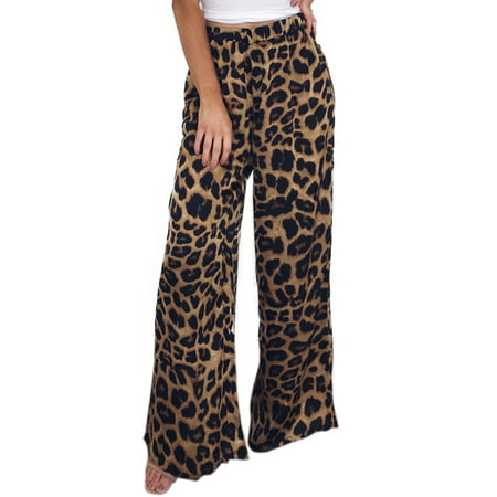 Women Causal Wide Leg Leopard Snake Print High Waist Trousers Long
