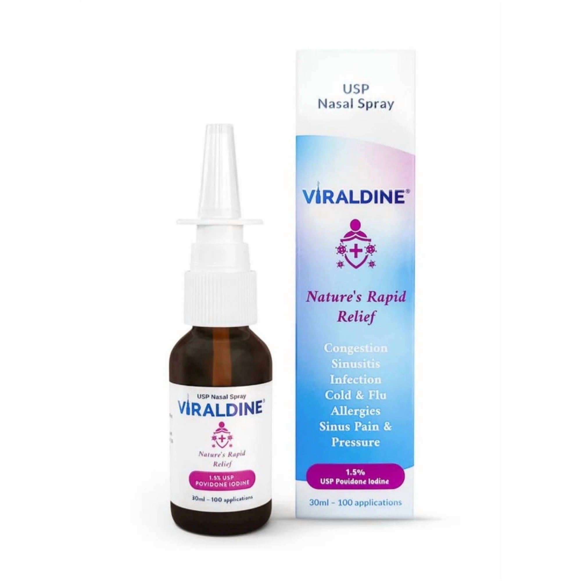 Viraldine 1.5% Povidone-Iodine Nasal Spray for Antiviral Protection 100 Sprays, 30ml
