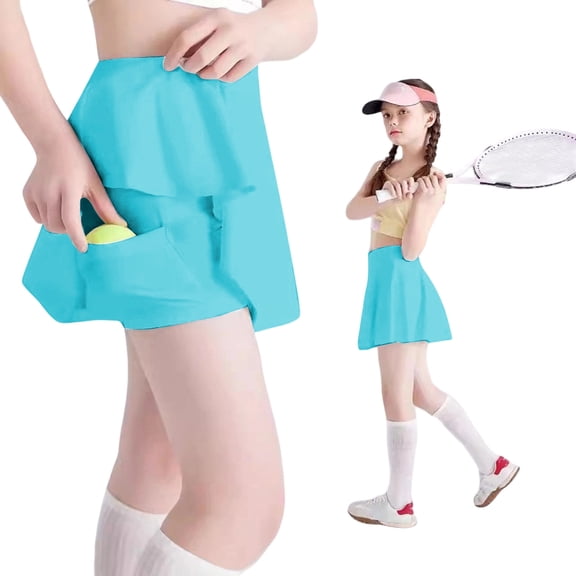 Girls Athletic Skort High Waist Tennis Skirts with Shorts Butterfly Ruffle School Skirts with Pockets,Blue 7-8 Years