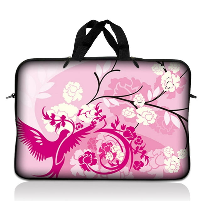 LSS Laptop Sleeve Bag 17 Inch Pink White Roses Bird Floral Design