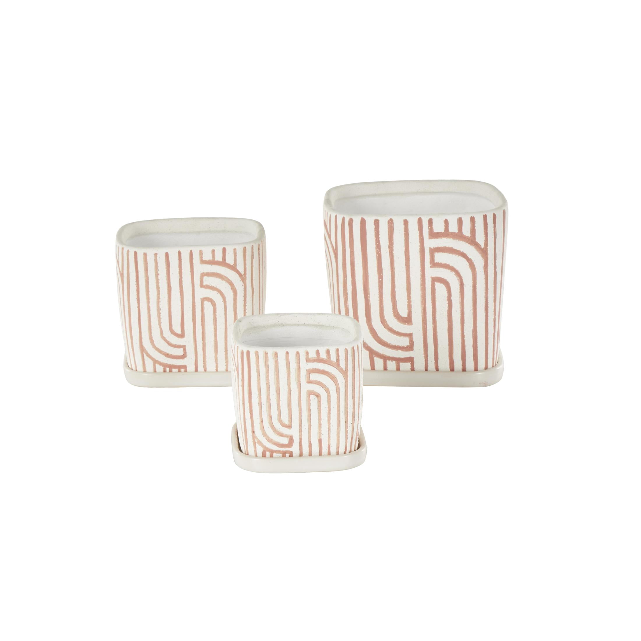 DecMode 7", 6", 5"H Arched Patterned Pink Ceramic Geometric Planter with Attached Saucer (3 Count)