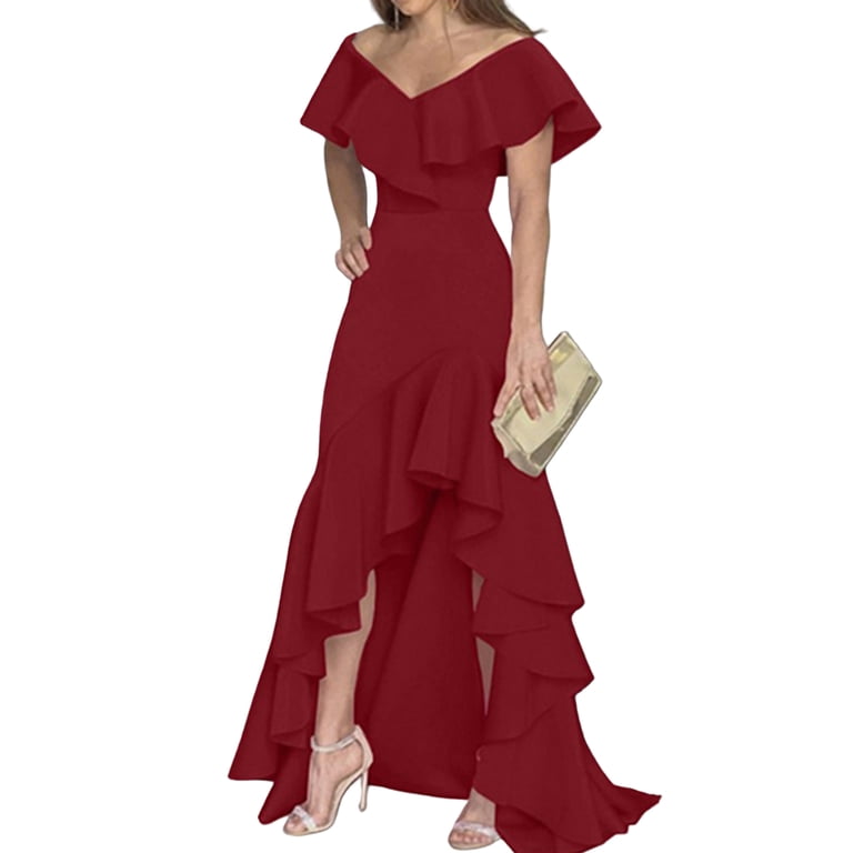 Fusipu High-Waist Waist Tight Irregular High-Low Hem Women Dress Elegant  Off Shoulder Ruffle Collar Maxi Dress Female Clothing - Walmart.com