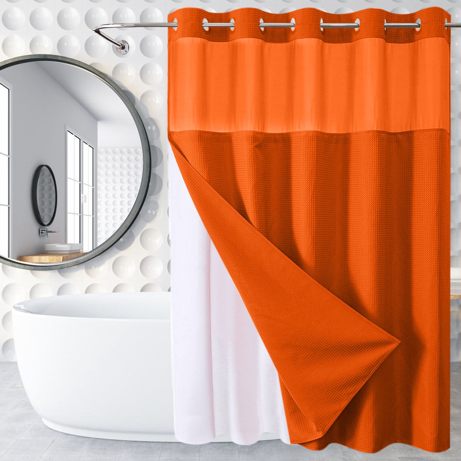 Waffle Weave Heavy Duty Shower Curtains, No Hook Shower Curtain with Snap in Fabric Liner, Hotel Style Waterproof Bathroom Curtain Set, 72 x 66 Inch