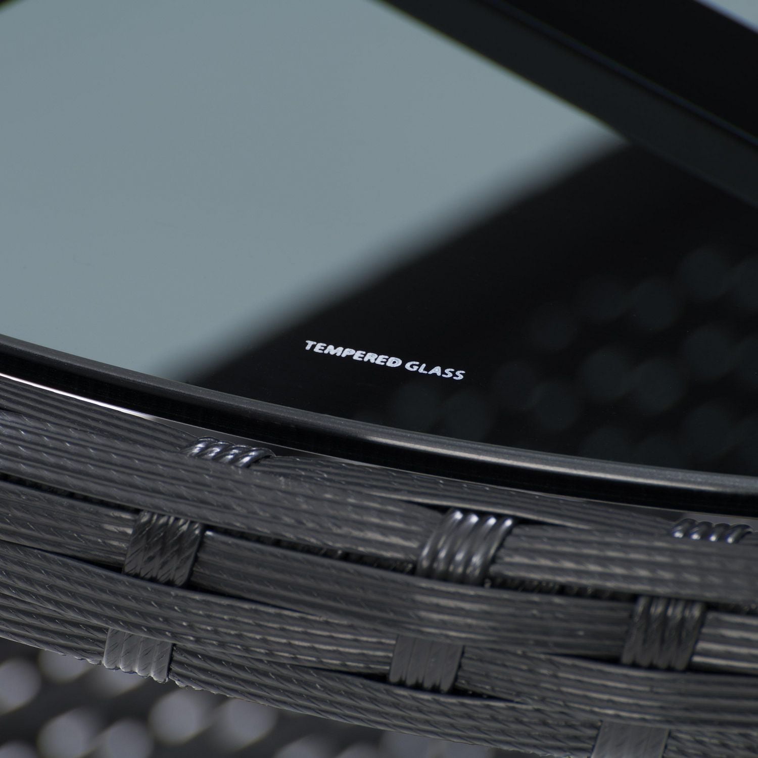 CorLiving Parksville Black Rattan and Steel 3-Piece Patio Bistro Furniture Set with Chairs with Grey Cushions, and Table