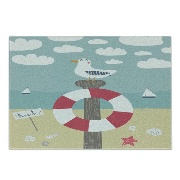 Graphic Beach Cutting Board, Nautical Cartoon Ocean with Sailboats Seagull Sitting on a Pole with Buoy, Decorative Tempered Glass Cutting and Serving Board, in 3 Sizes, by Ambesonne