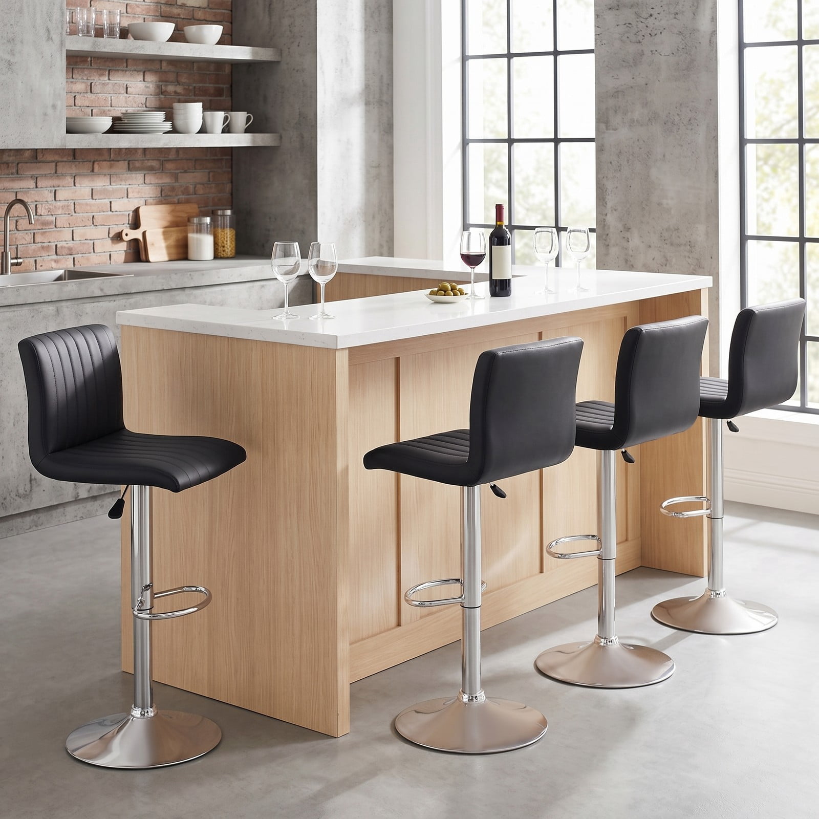 Furnibear Adjustable Swivel Bar Stools Set of 2, 360-Degree Counter Height Barstools with Backrest and Footrest, Faux Leather Padded Kitchen Island Chairs with, Black