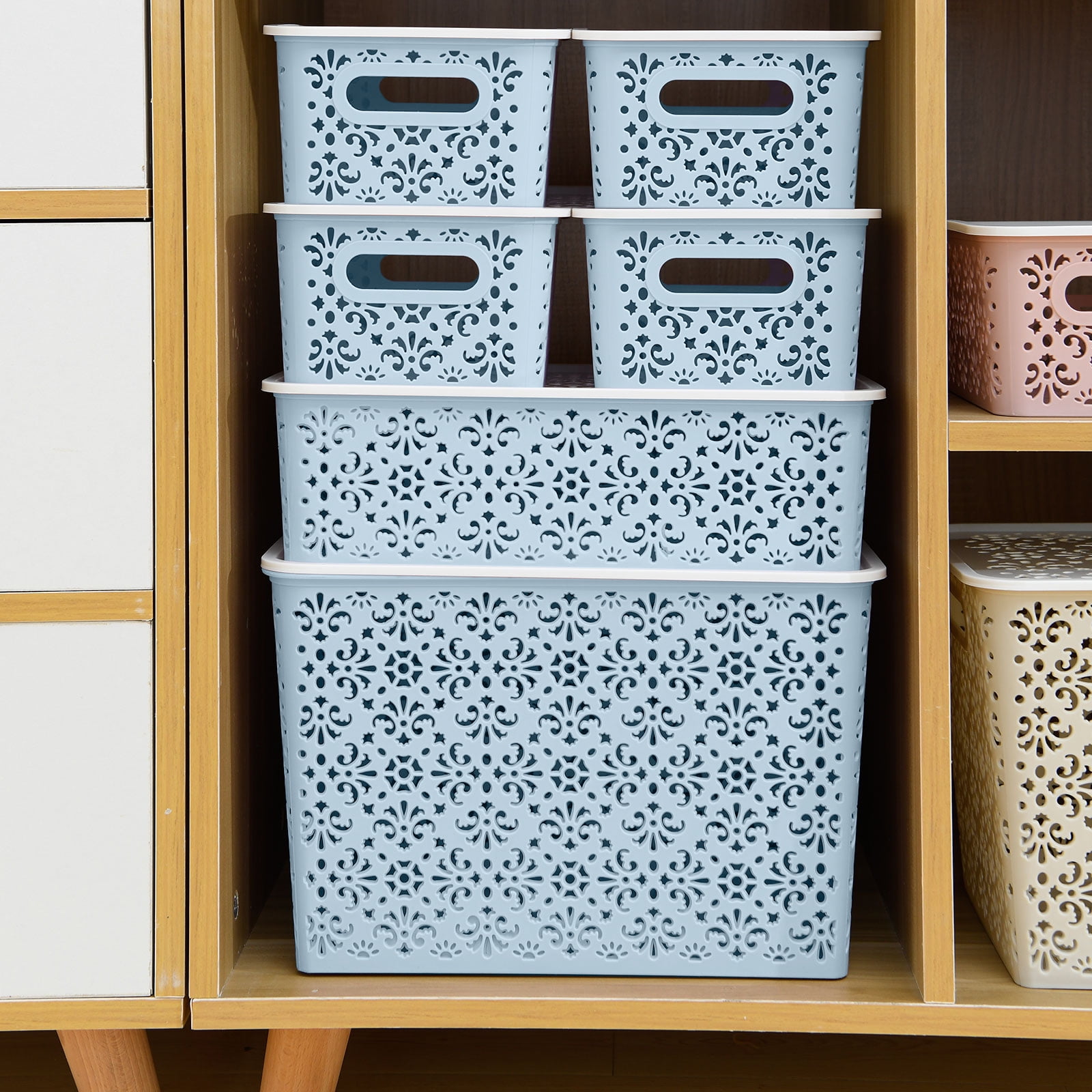 ANMINY Stackable Lace-Design Storage Bins, Blue, 6 Count Pack