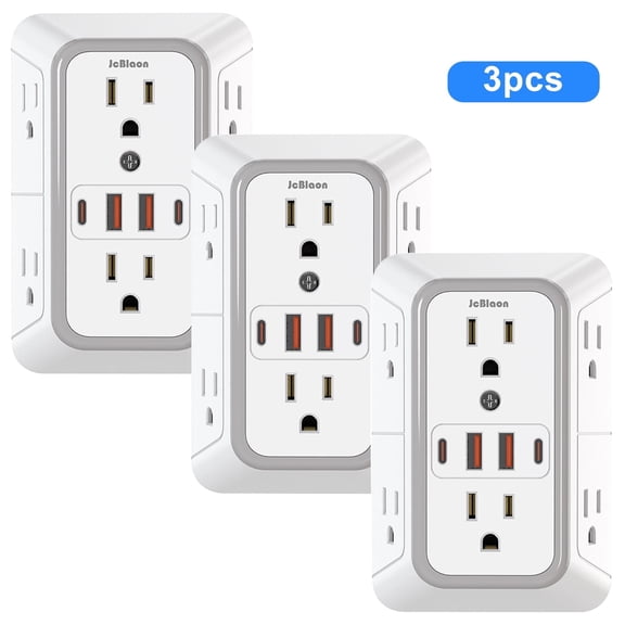 3 Pack USB Wall Charger Surge Protector 6 Outlet Extender with 4 USB Charging Ports 3 Sided 1050J Power Strip Multi Plug Outlets 1875W Wall Adapter Spaced for Home Office Indoor