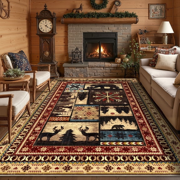 MJIAexp 5'x7' Area Rug Washable Living Room Rug, Vintage Western Buffalo Bear Decor Indoor Carpet Rugs, Non Slip Soft Low Pile Area Carpet for Living Room Bedroom Festive Decor