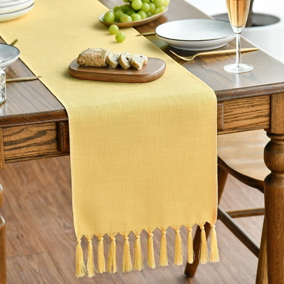 Yellow Tassel Table Runner, Summer Linen Blend Rustic Farmhouse Style Kitchen Table Decoration Holiday Wedding Party Dinning Decor 13x48 Inch
