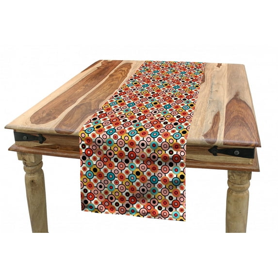 Psychedelic Table Runner, Vintage Style Colorful Nested Circles Psychedelic Bubbles Pattern Artwork, Dining Room Kitchen Rectangular Runner, 3 Sizes, by Ambesonne