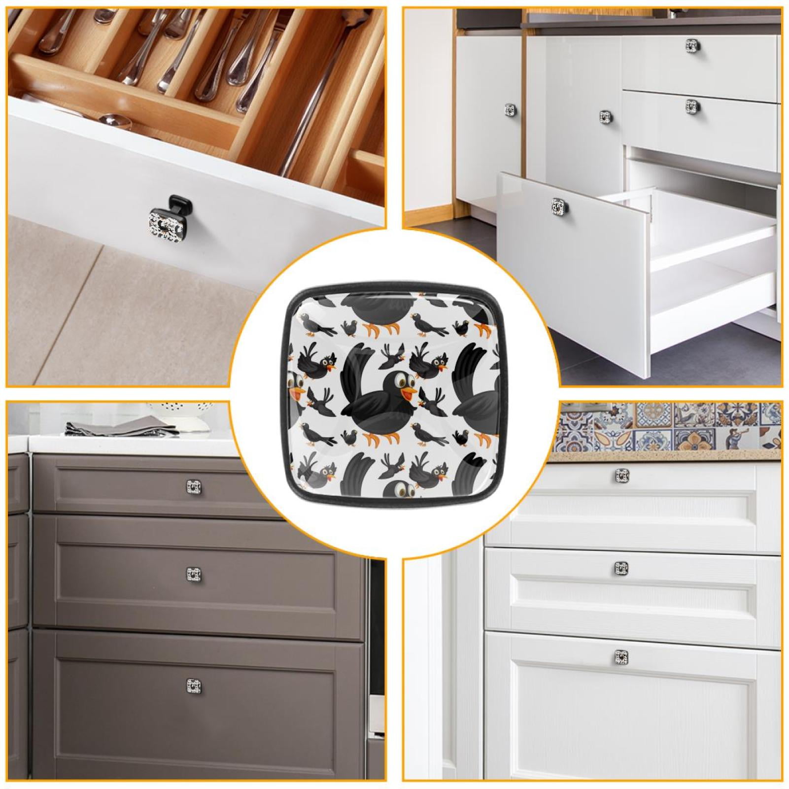 4 Pcs Cabinet Handle Drawer Pulls Black Birds Flying Knobs with Screws Square Furniture Office Cabinet Knob Decoration
