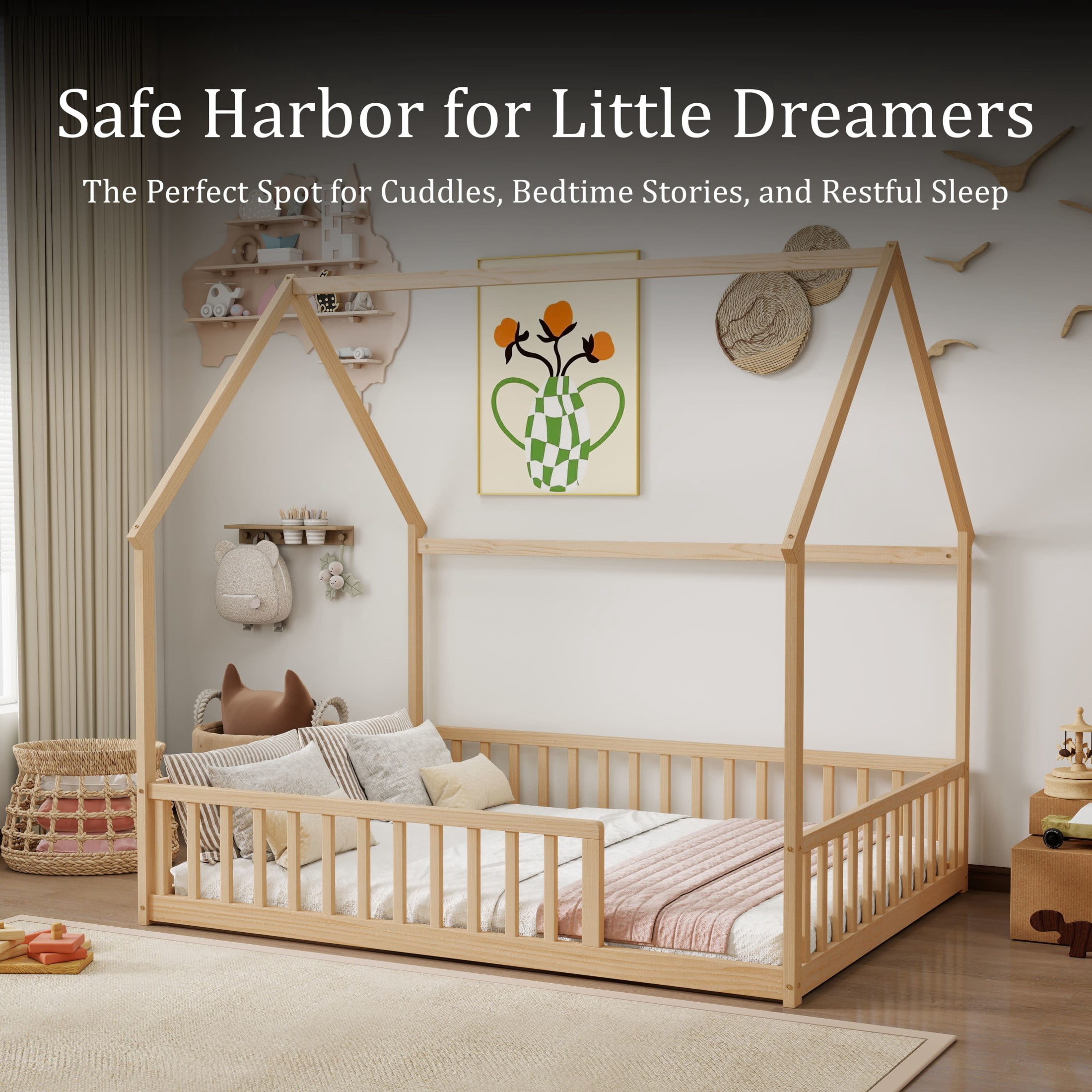 Noble House Morde Full Size House Floor Bed with Gable Roof Frame & Safety Guardrails, Pine Wooden Bed Frame, Natural