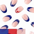 thumbnail image 3 of EBCUE 24 Pcs 4th of July Press on Nails Short Fake Nails French Tip Nails Independence Day Designs Pink False Nails Glossy Patriotic Gel Acrylic Nails Short Glue on Nails Star Stick on Nails, 3 of 5