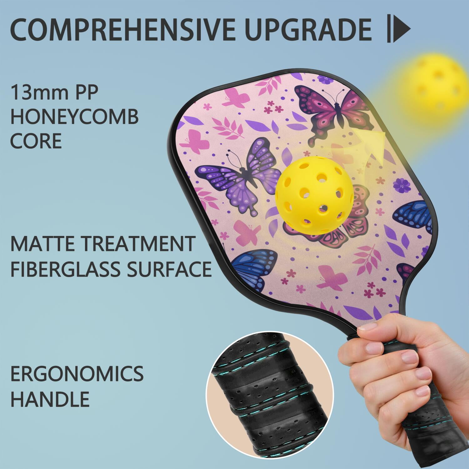 Pickleball Paddles Set Of 2, Fiberglass Surface, Vintage Floral & Butterfly, 4 Balls & Bag