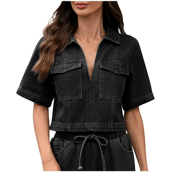 Short Sleeve Shirts for Women, Women's Dressy Lapel V Neck Denim Blouse, Loose Pullover Short Sleeve Casual Cropped Going Out Tops Spring 2026